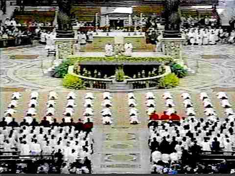 Pope John Paul II with prostrate Bishops